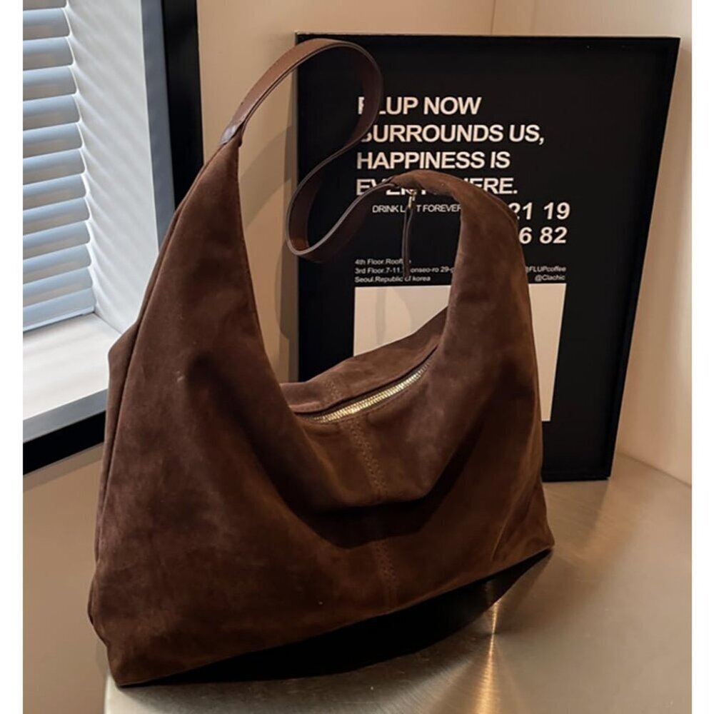 Women Coffee Faux Suede Winter Lightweight Hobo Work Shoulder Purses Bags - Picture 3 of 7